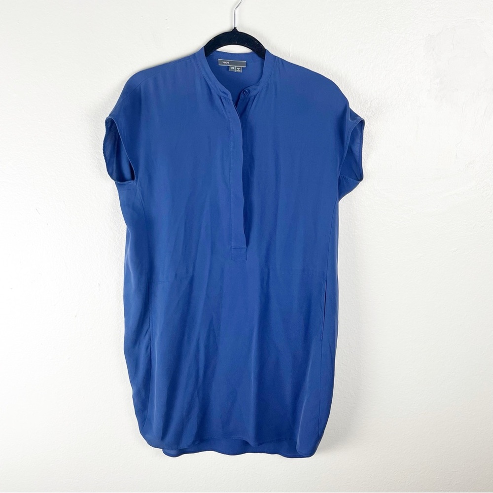 VINCE 100% Silk Blue Popover Poplin Side Pockets Dress, Size XS